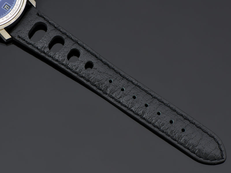 Brand New Genuine Leather Black Rally Watch Strap with Stainless Steel Buckle