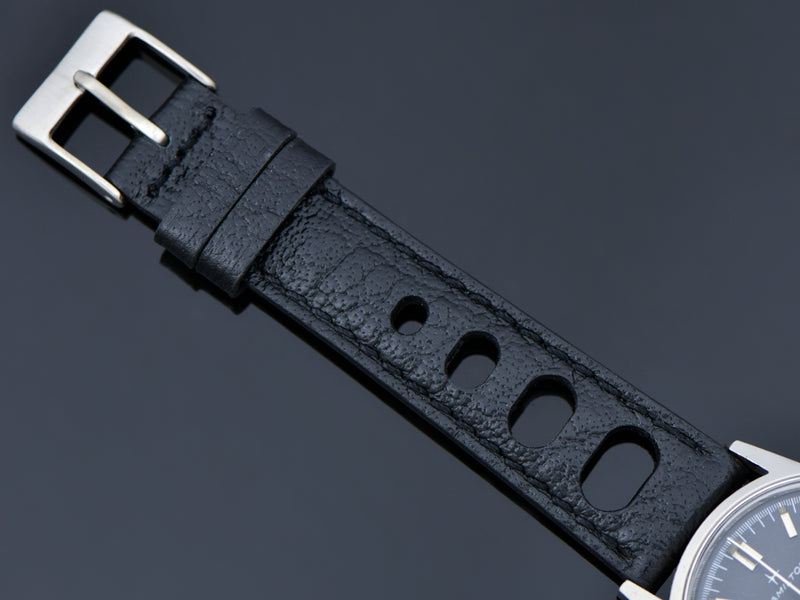 Brand New Genuine Leather Black Rally Watch Strap with Stainless Steel Buckle