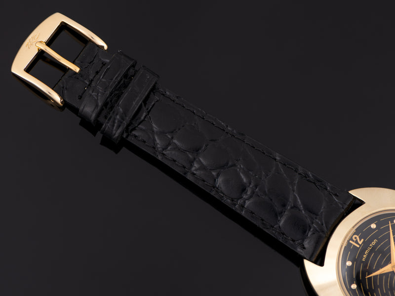 Brand New Genuine Leather Crocodile Grain Black Strap with matching Gold Tone Buckle