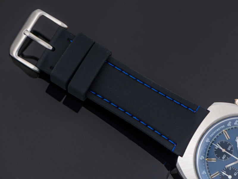 Brand New Silicon Black Strap with Blue Stitching and matching Silver Tone Buckle