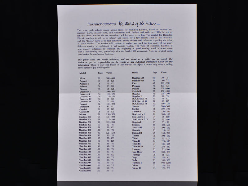 First Edition Book "The Watch Of The Future" Price Guide Insert