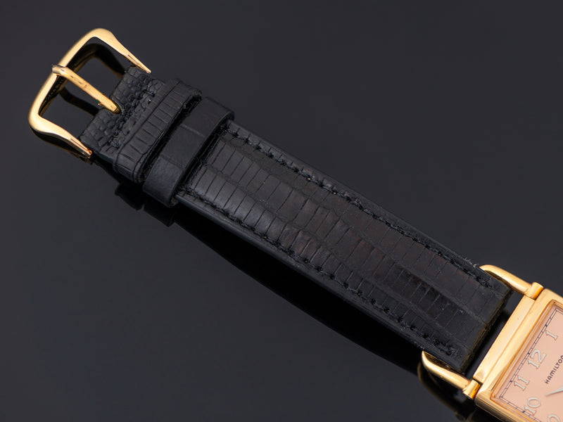 Gently used Genuine Lizard black strap with Hamilton Marked Gold Filled Buckle