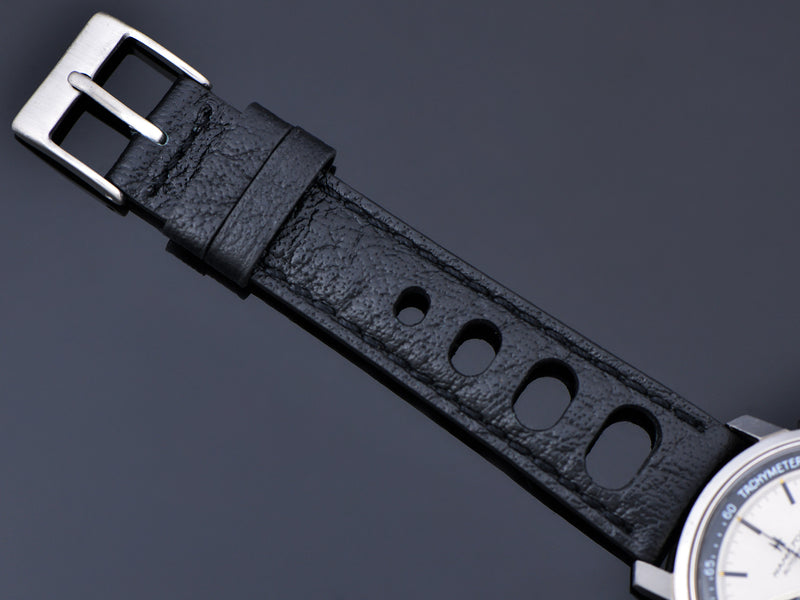 Genuine Leather Black Rally Strap with Stainless Steel Buckle