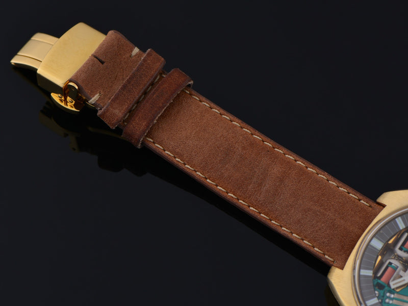 Genuine Leather Brown Watch Band With Matching Gold Tone Folding Butterfly Clasp