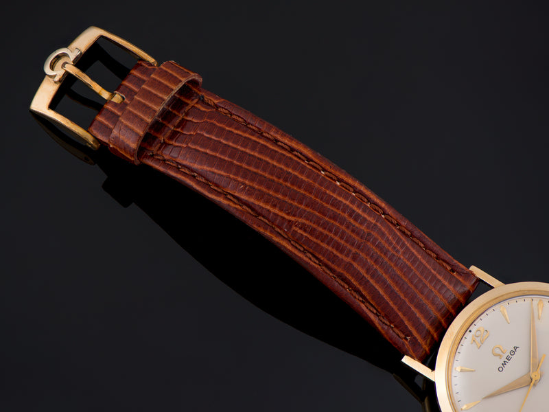 Genuine Leather Brown Watch Strap with matching gold tone Omega signed buckle