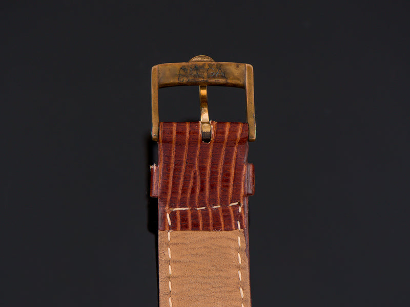 Genuine Leather Brown Watch Strap with matching gold tone Omega signed buckle