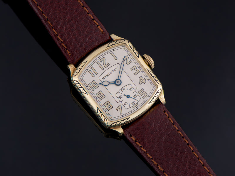 Hamilton 14K Solid Green Gold Engraved Tonneau Watch