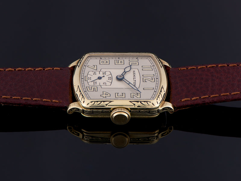 Hamilton 14K Solid Green Gold Engraved Tonneau Watch
