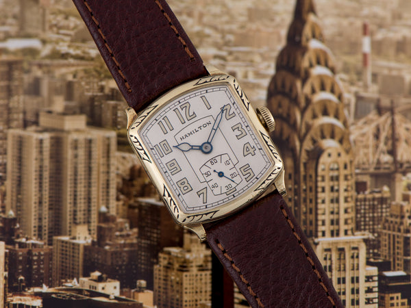 Hamilton 14K Solid Green Gold Engraved Tonneau Watch