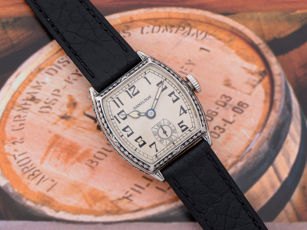 Hamilton Barrel Engraved White Gold Filled Watch