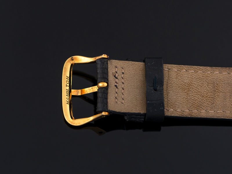 Gently used Genuine Lizard black strap with Hamilton Marked Gold Filled Buckle