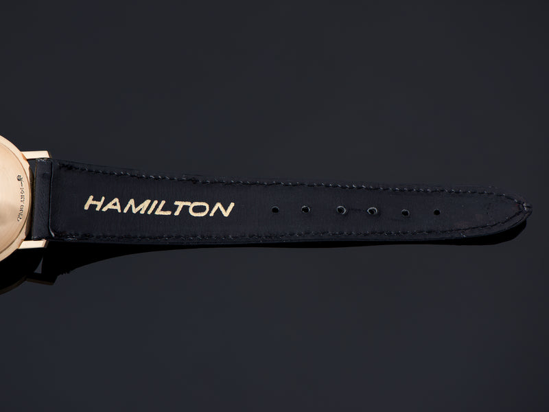 NOS Genuine Leather Black Hamilton marked strap with Hamilton marked Gold Filled Buckle Back