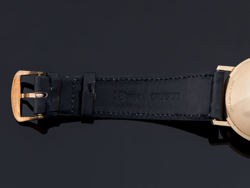 NOS Genuine Leather Black Hamilton marked strap with Hamilton marked Gold Filled Buckle Back