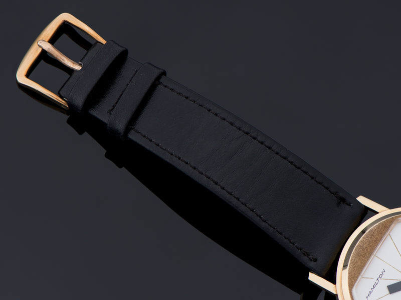 NOS Genuine Leather Black Hamilton marked strap with Hamilton marked Gold Filled Buckle