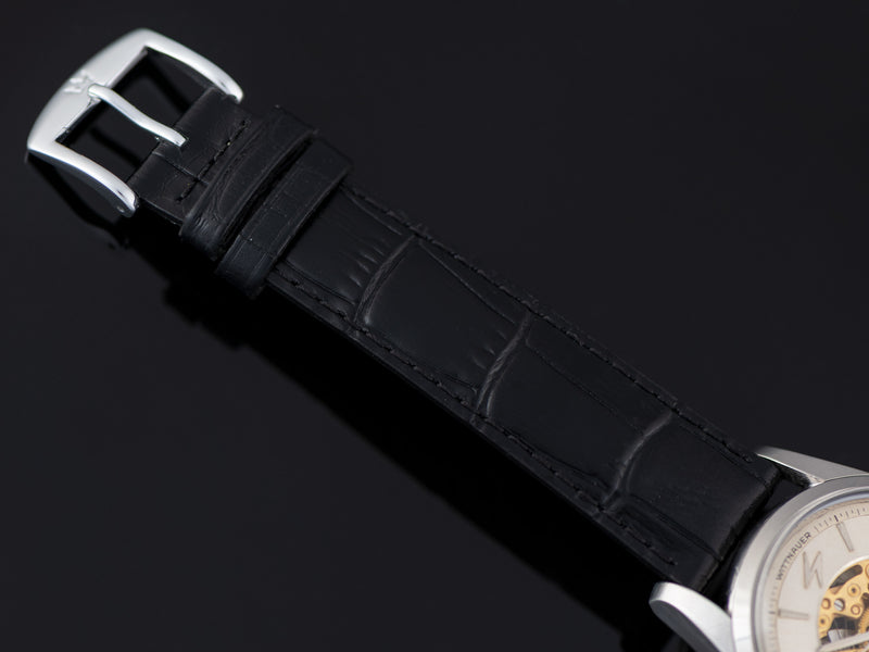 New Genuine Leather Black Crocodile Grain Watch Strap with matching Silver Tone Buckle