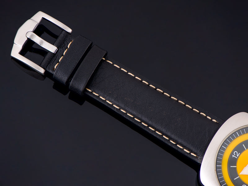 New Genuine Leather Black Watch Strap with Yellow Stitch and matching silver tone buckle