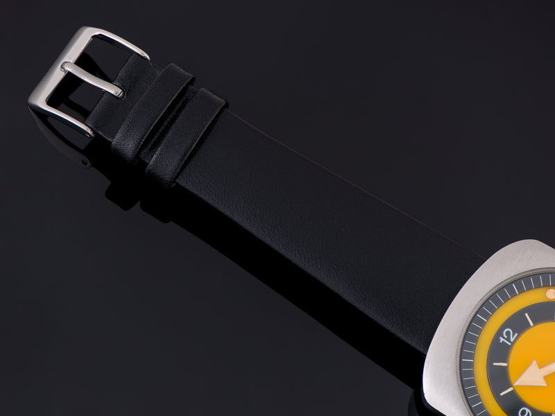 New Genuine Leather Black Watch Strap with Yellow Stitch and matching silver tone buckle