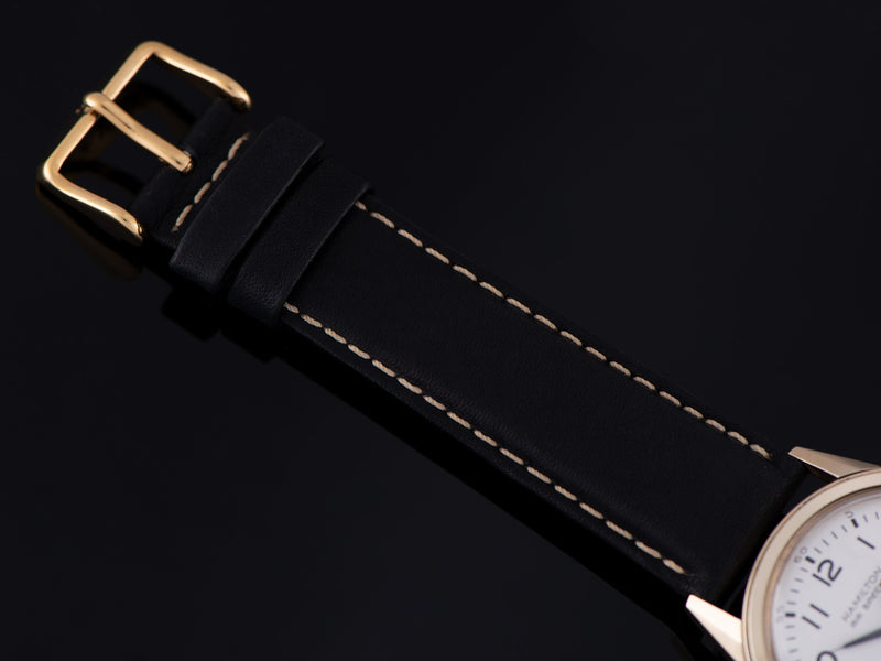New Genuine Leather Black Watch Strap with matching Gold Tone Buckle