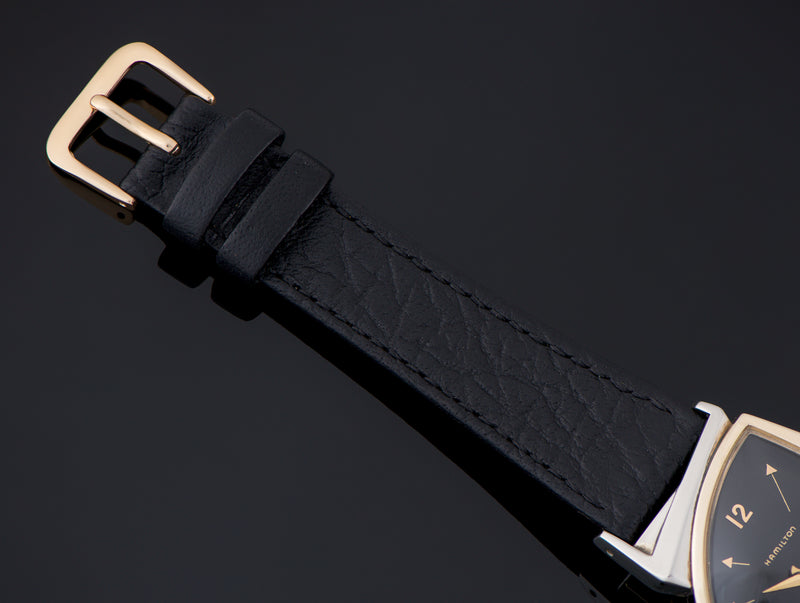 New Genuine Leather Black Watch Strap with matching gold tone buckle