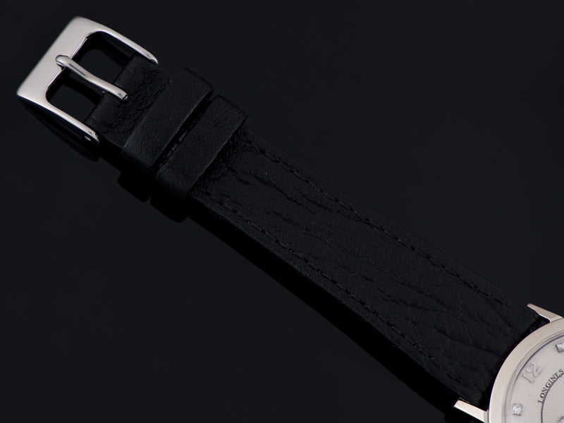 New Genuine Leather Black Watch Strap with matching silver tone buckle