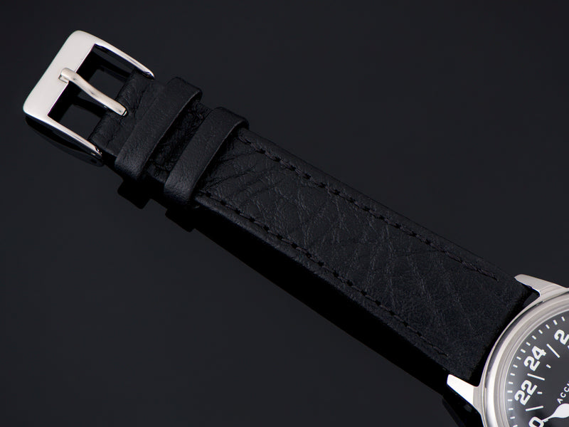 New Genuine Leather Black Watch Strap with matching silver tone buckle
