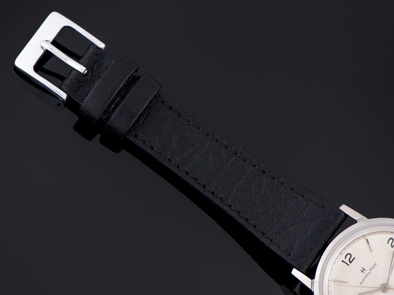 New Genuine Leather Black Watch Strap with matching silver tone buckle