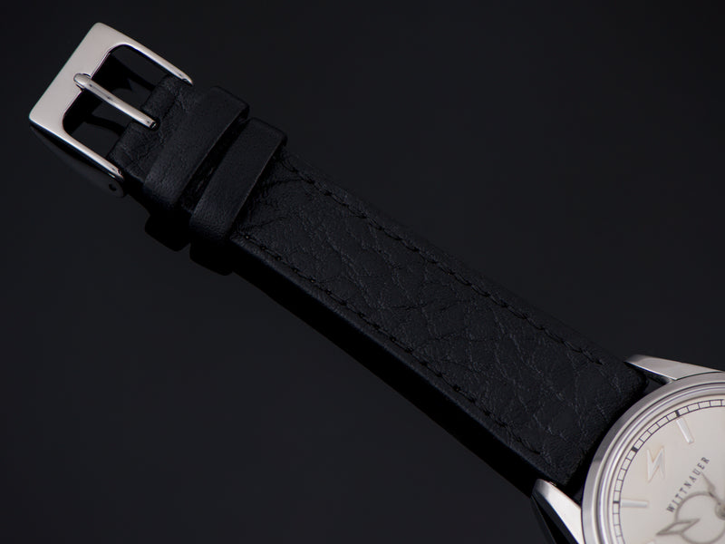 New Genuine Leather Black Watch Strap with matching silver tone buckle