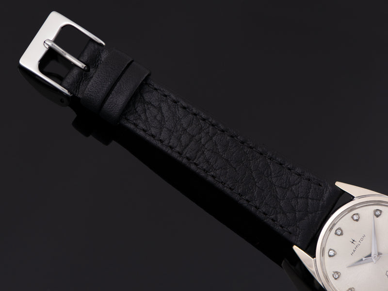 New Genuine Leather Black Watch Strap with matching silver tone buckle