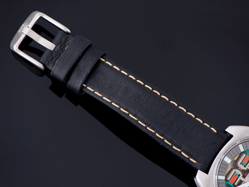 New Genuine Leather Black Watch Strap with matching silver tone buckle