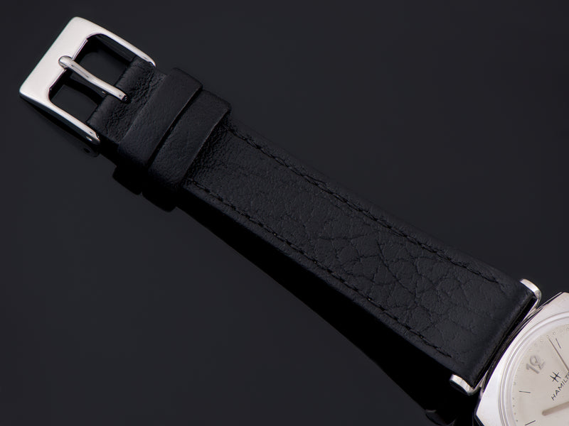 New Genuine Leather Black Watch Strap with matching silver tone buckle