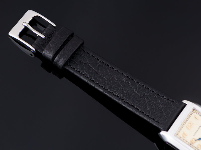 New Genuine Leather Black Watch Strap with matching silver tone buckle