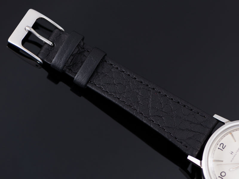 New Genuine Leather Black Watch Strap with matching silver tone buckle