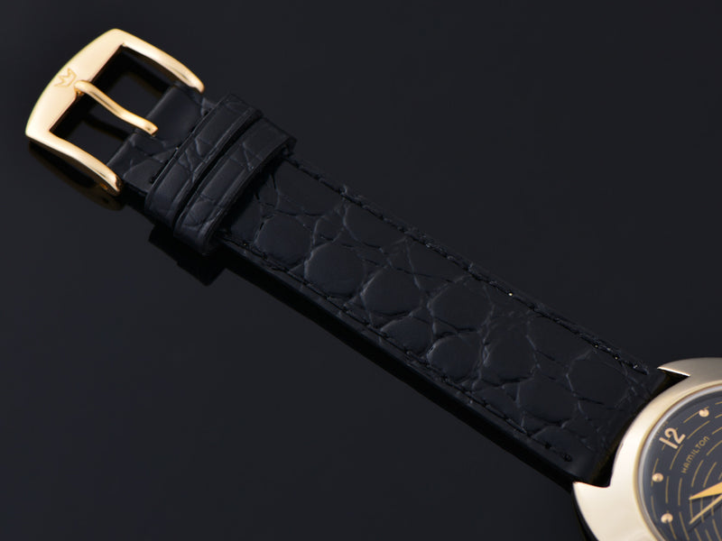 New Genuine Leather Crocodile Grain Black Watch Strap with matching Gold Tone Buckle