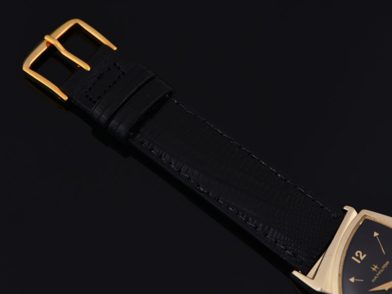 New Old Stock Hamilton signed Genuine Lizard Black Watch Strap with matching Gold Tone Buckle