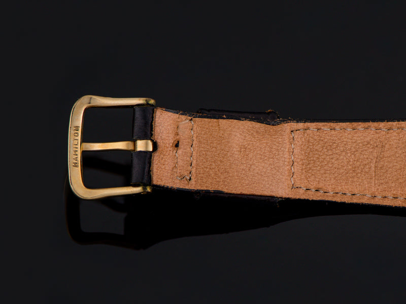 New Old Stock Original Marked Hamilton Genuine Leather Black Strap with Matching Gold Filled Buckle also Marked Hamilton