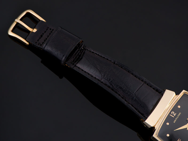 New Old Stock Original Marked Hamilton Genuine Leather Black Strap with Matching Gold Filled Buckle also Marked Hamilton