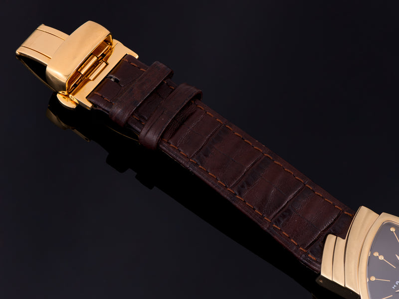 Original Hamilton Marked Brown Croco Grain Leather Strap with Gold Electroplate Steel Deployant Clasp