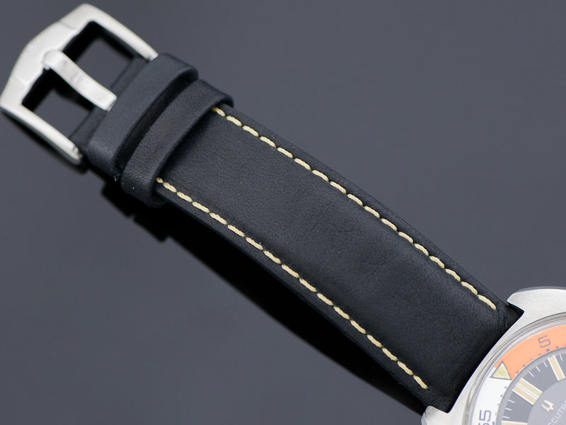 Brand New Genuine Bull Leather Black Band with White Stitching and matching Silver Tone Buckle 