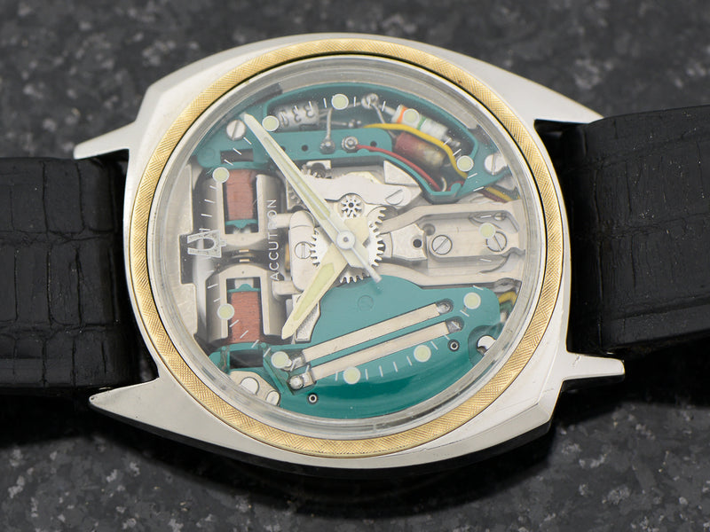 Bulova Accutron Two Tone Asymmetric Spaceview Vintage Watch with 14K Gold Insert