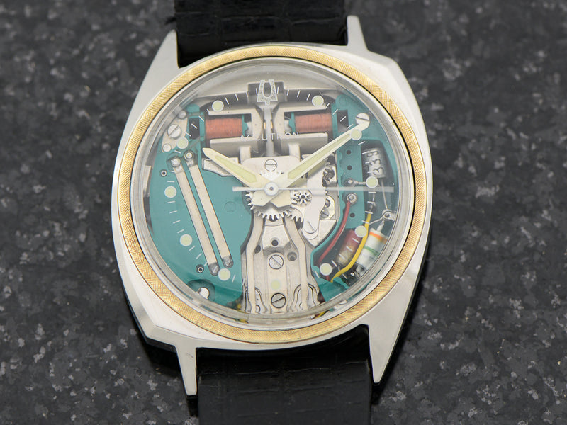 Bulova Accutron Two Tone Asymmetric Spaceview Vintage Watch with 14K Gold Insert