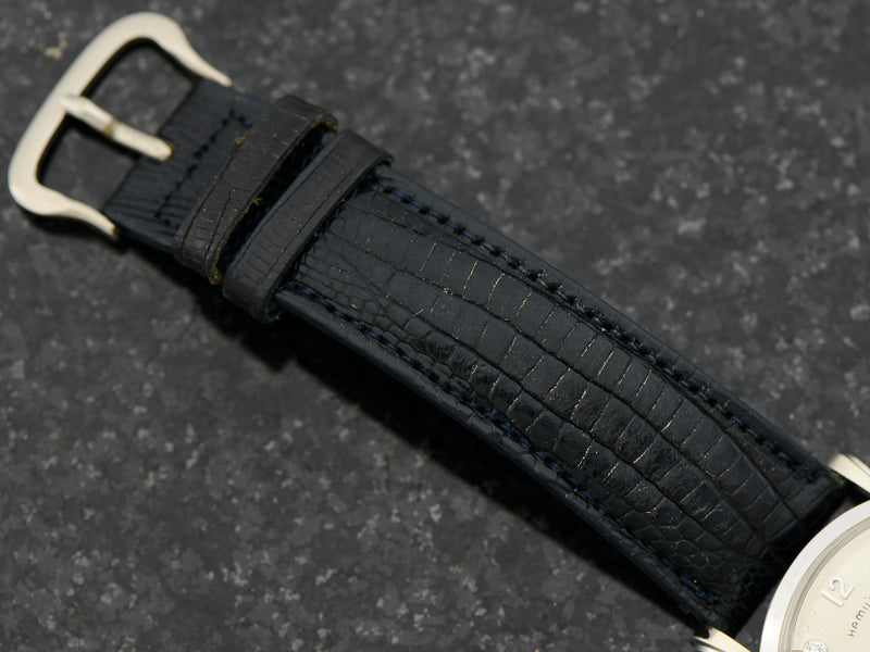 New Old Stock Genuine Lizard Dark Blue Hamilton marked Watch Band with silver tone buckle