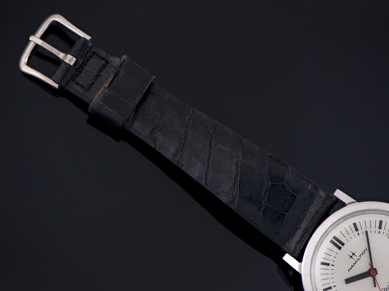 Used Hamilton genuine Alligator Black Watch Strap with matching silver colored buckle also marked Hamilton