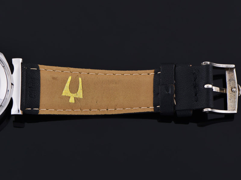 Vintage Accutron marked Black Leather Strap with Silver Tone Accutron marked buckle
