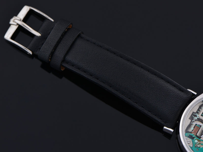Vintage Accutron marked Black Leather Watch Strap with Silver Tone Accutron marked buckle