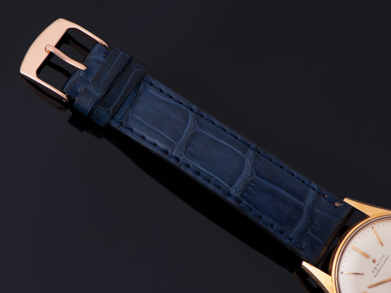 Zenith marked Genuine Crocodile Blue Strap with Matching Unmarked Rose Tone buckle